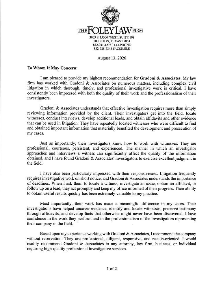 foley law referral letter for Gradoni and Associates